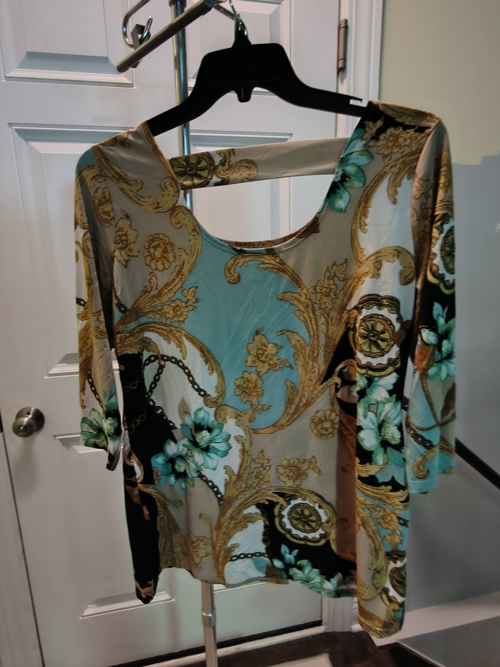dressbarn Teal, Gold & Black Baroque Floral Scoop Neck Tunic